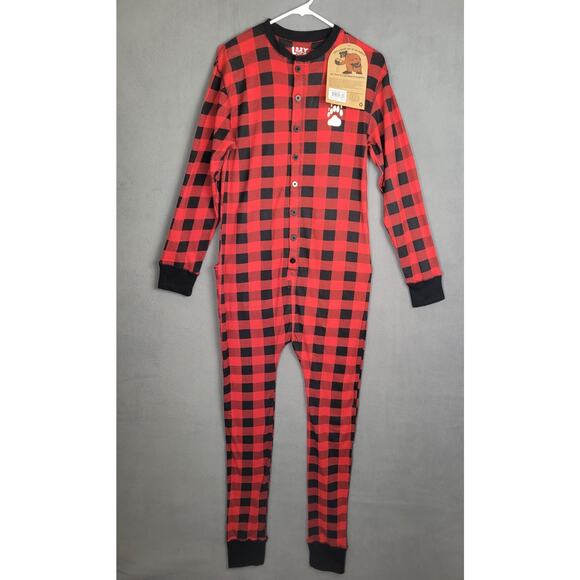 Lazy One Flapjacks Adult One Piece Button Up Plaid Pajamas Size Medium - Picture 1 of 9